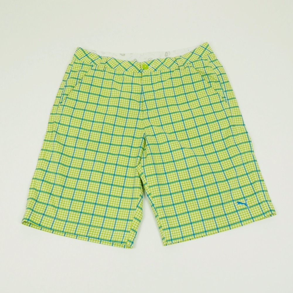 Puma Golf Shorts Mens 34 Green Plaid DryCell Flat Front Performance Tech Blend